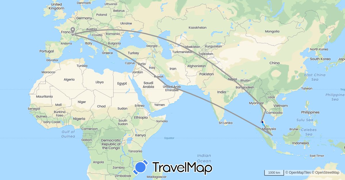 TravelMap itinerary: driving, plane, boat in France, Malaysia, Qatar, Singapore, Thailand (Asia, Europe)